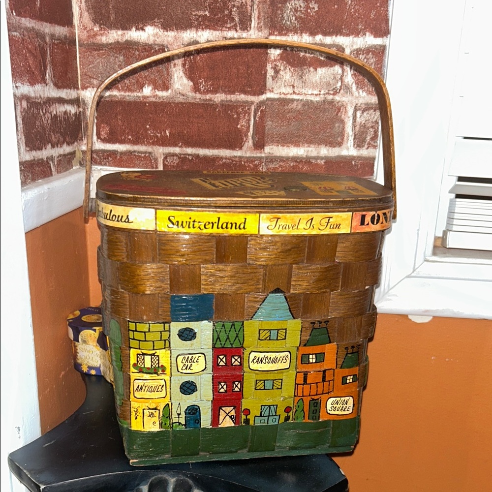 Hand-Painted Woven Basket with European Village Motif - Brown/Yellow